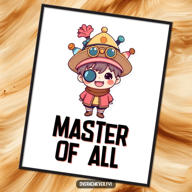 Funny multitasker character poster showing a proud person wearing a stack of different hats, celebrating versatility and ambition. Humorous inspirational art.