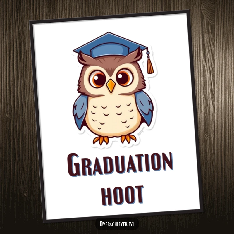 Funny poster art of a determined owl wearing a tiny graduation cap, proudly hooting, celebrating wisdom and achievement.