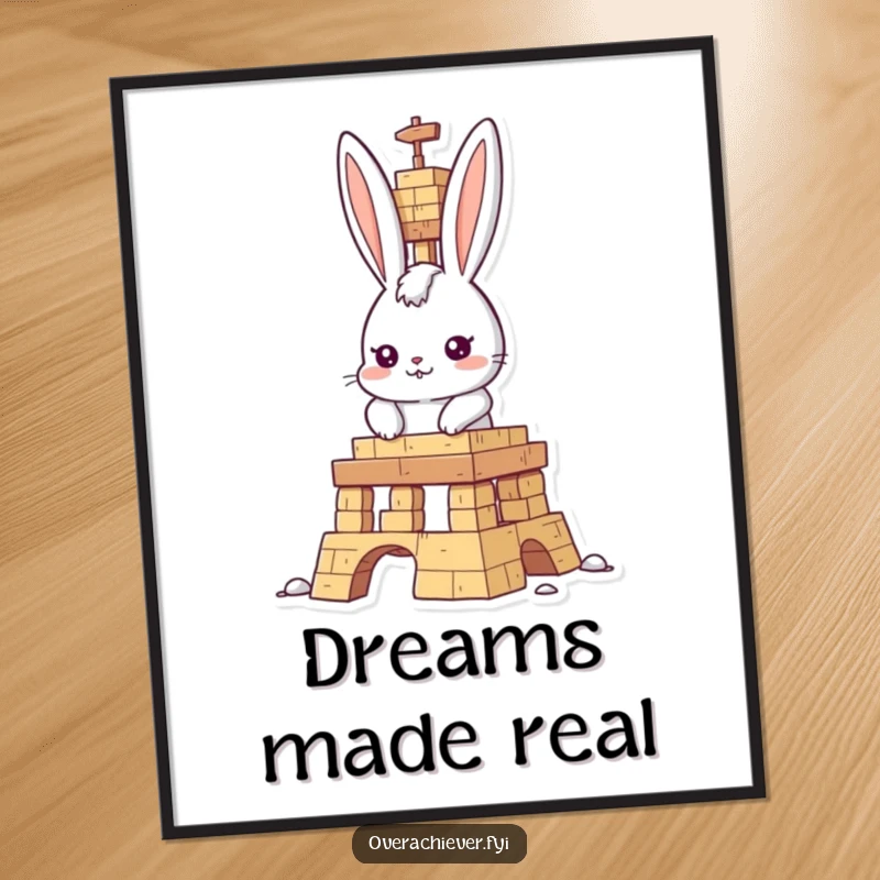 Funny rabbit builder poster, determined rabbit character focused on building a monumental structure, ideal for inspiring wall art.