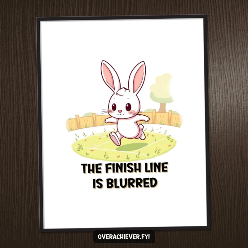 Funny rabbit poster featuring a determined character running an impossible number of laps in a field, motivational art.