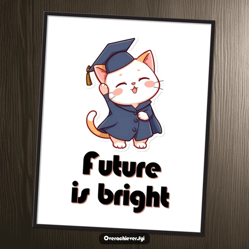 Funny graduation cat poster capturing a cute cat in academic regalia joyfully tossing its cap in the air.