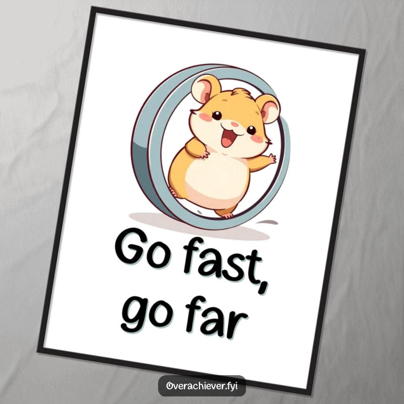 Funny Poster: A cheerful hamster character running at maximum speed on a very large, oversized wheel, full of determined energy.