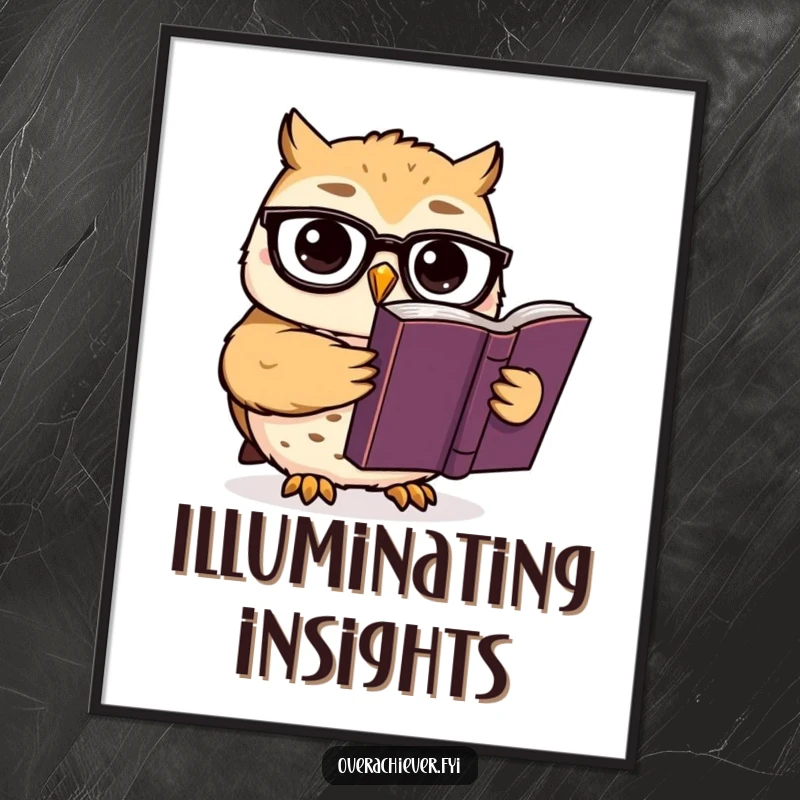 Funny poster art: A cute owl character in spectacles reads an important book, symbolizing humor, wisdom, and intellectual pursuits.
