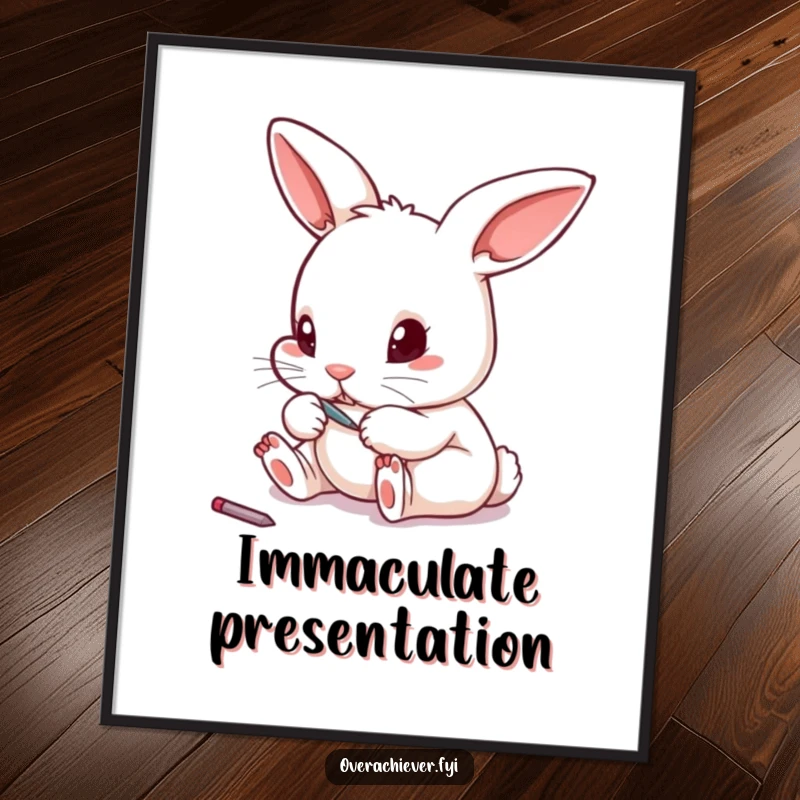 Funny tiny rabbit using a miniature file for toenail care on a poster, adding artistic humor.