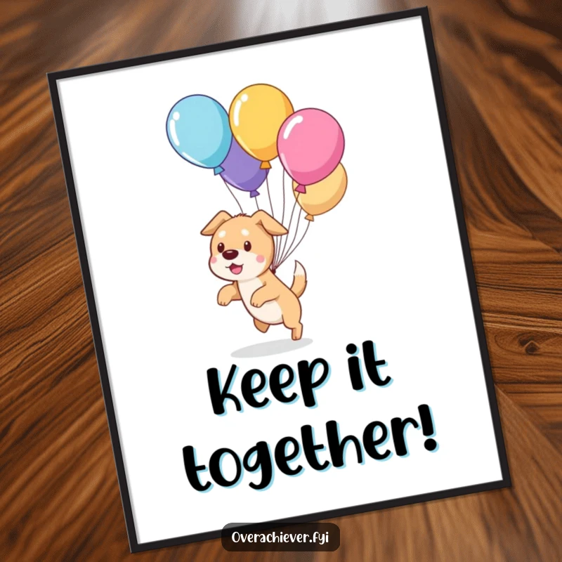 Funny cute dog character humorously herding a group of colorful, escaped balloons on a vibrant poster, a playful wall decoration.