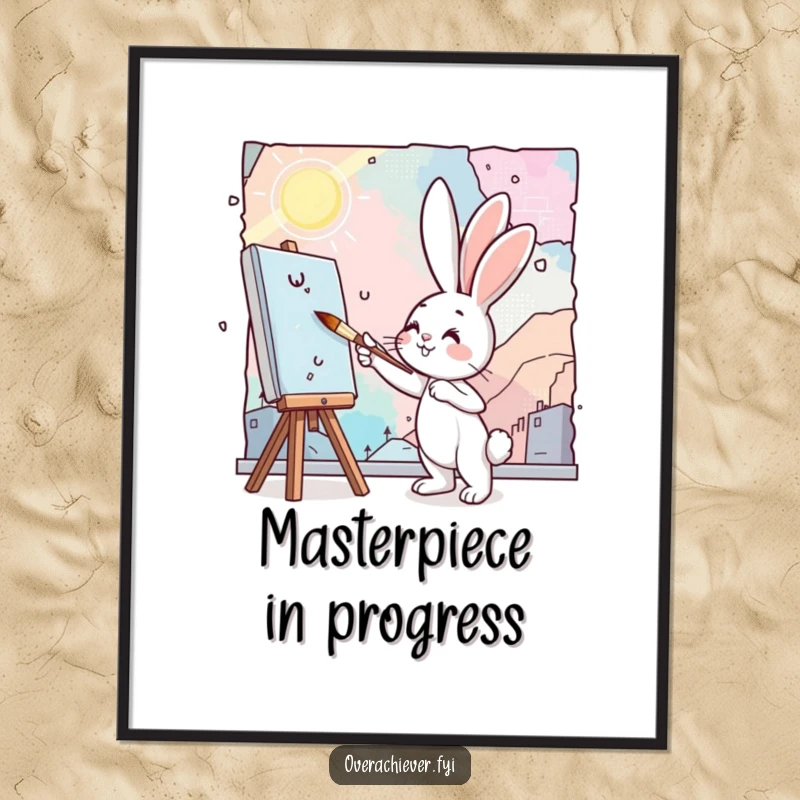 Funny bunny painting poster depicting a cute bunny artist diligently painting a huge, colorful mural with a tiny paintbrush.