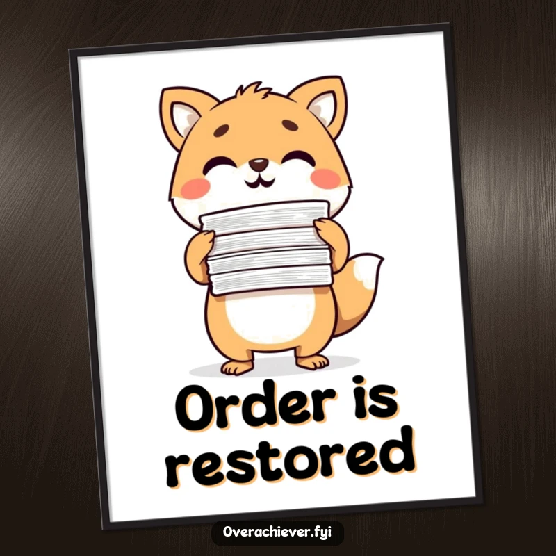 Funny Poster of a determined animal character triumphantly holding a stack of completed papers, celebrating diligent work.