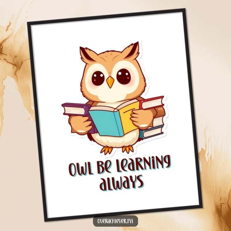 Funny owl poster featuring a cheerful character studying many advanced textbooks simultaneously, intellectual wall art.