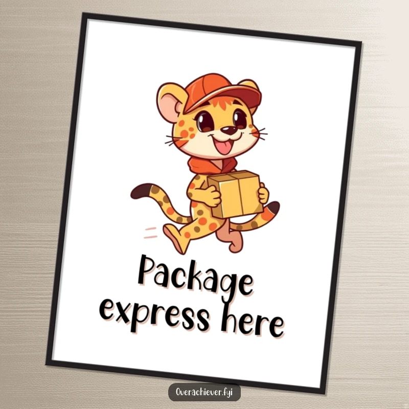 Funny Poster: A speedy cheetah character delivering a huge number of packages with humorous speed and focus.
