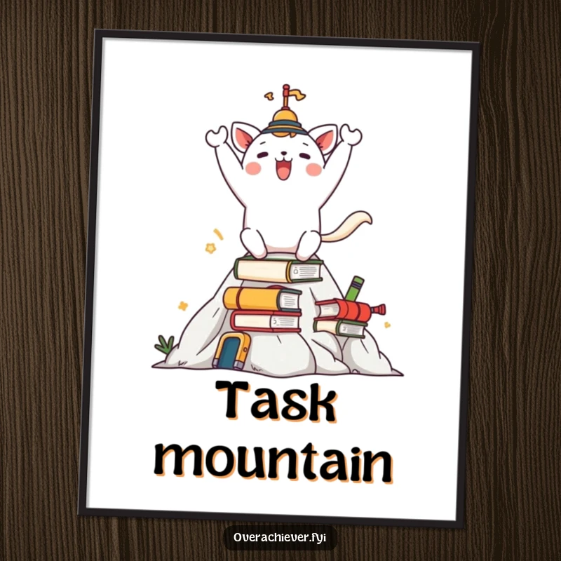 Funny poster art of a happy animal character celebrating on a mountain of tasks, a motivational and humorous wall decor.