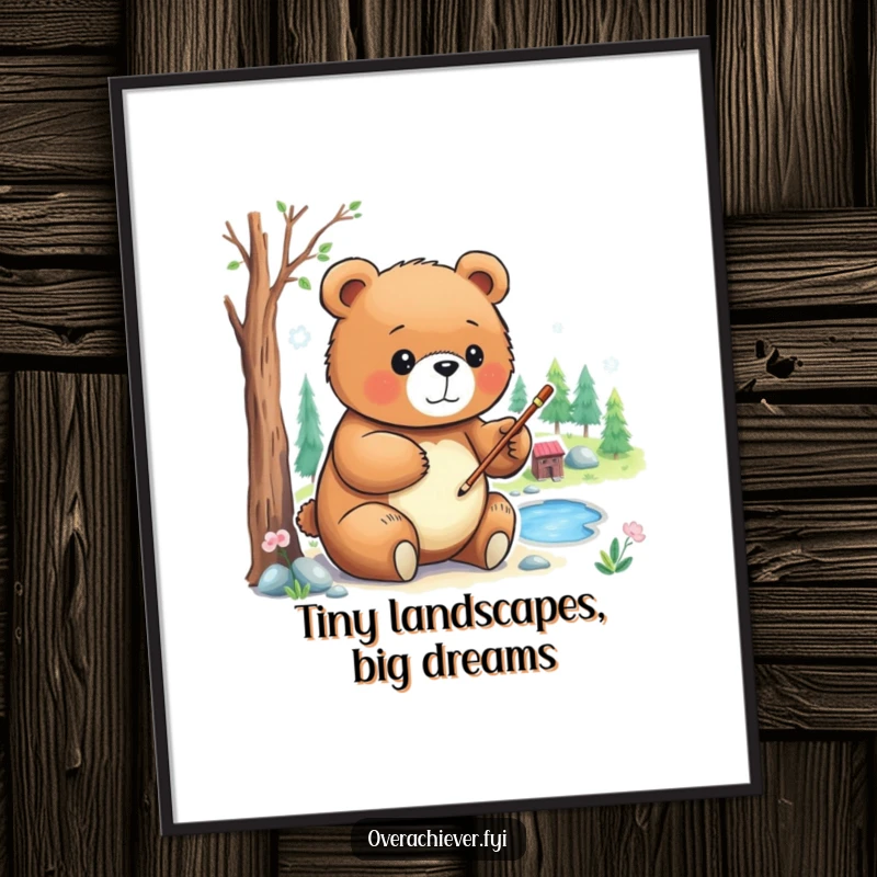 Funny Poster: A focused bear character delicately painting a detailed miniature landscape, showcasing artistic precision and dedication.