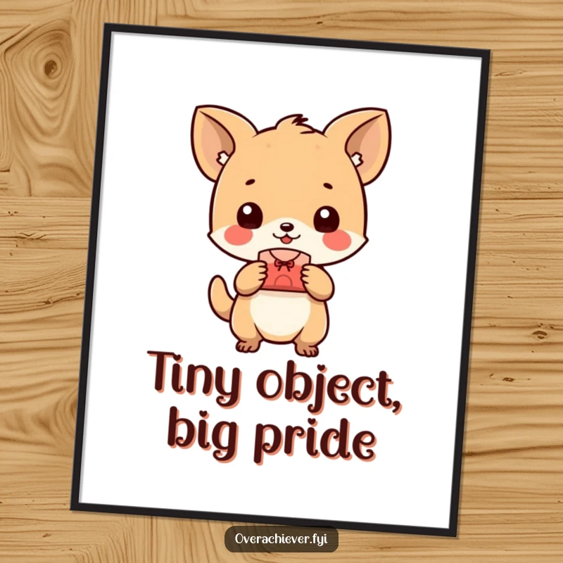 Funny animal poster, happily presenting a perfectly made small object, creating art that celebrates creativity and pride. A decorative gift.