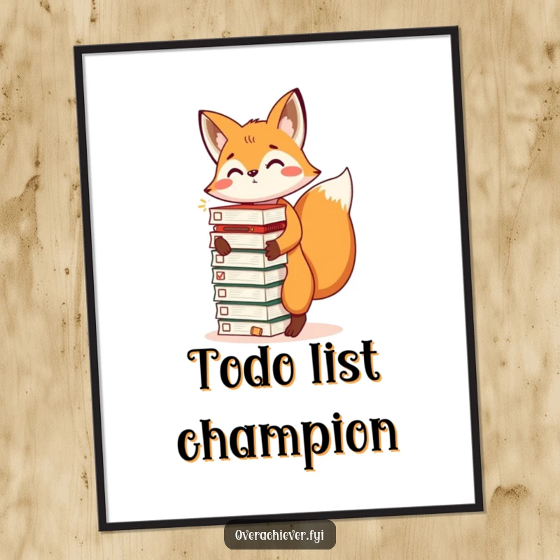 Funny poster of an energetic fox balancing a stack of completed task lists, symbolizing humorous productivity and success, a great funny gift.