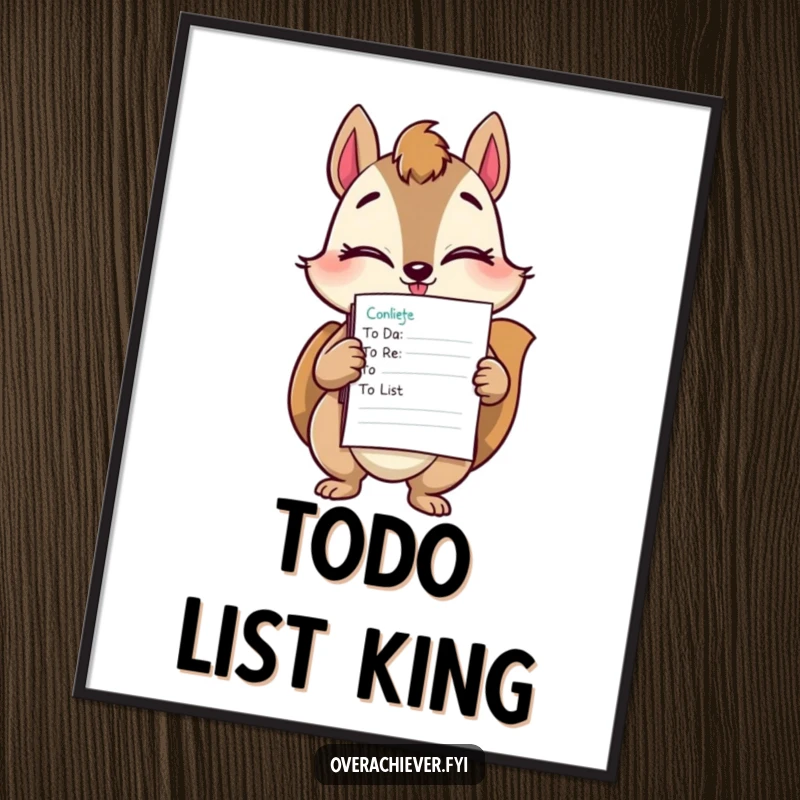 Funny squirrel task master poster showing a winking squirrel proudly presenting a large stack of completed to-do lists.