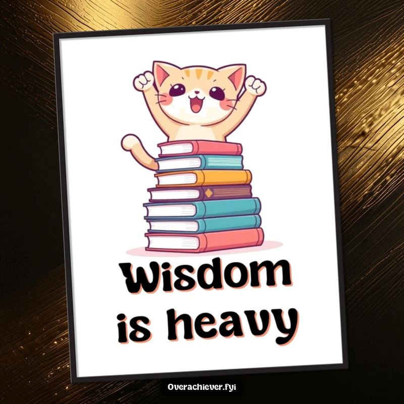Funny poster artwork of a determined cat character triumphantly posing on top of a colossal stack of books, celebrating intellectual conquest.