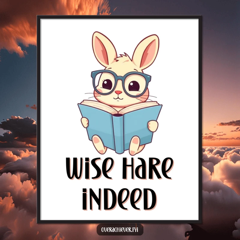 Funny poster art of a cute rabbit wearing oversized spectacles, diligently reading a giant book, celebrating the joy of reading.