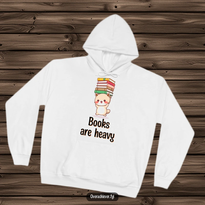 Funny bookworm animal hoodie featuring a cute creature carrying a massive stack of books, symbolizing a deep love for reading. Cozy and humorous apparel.