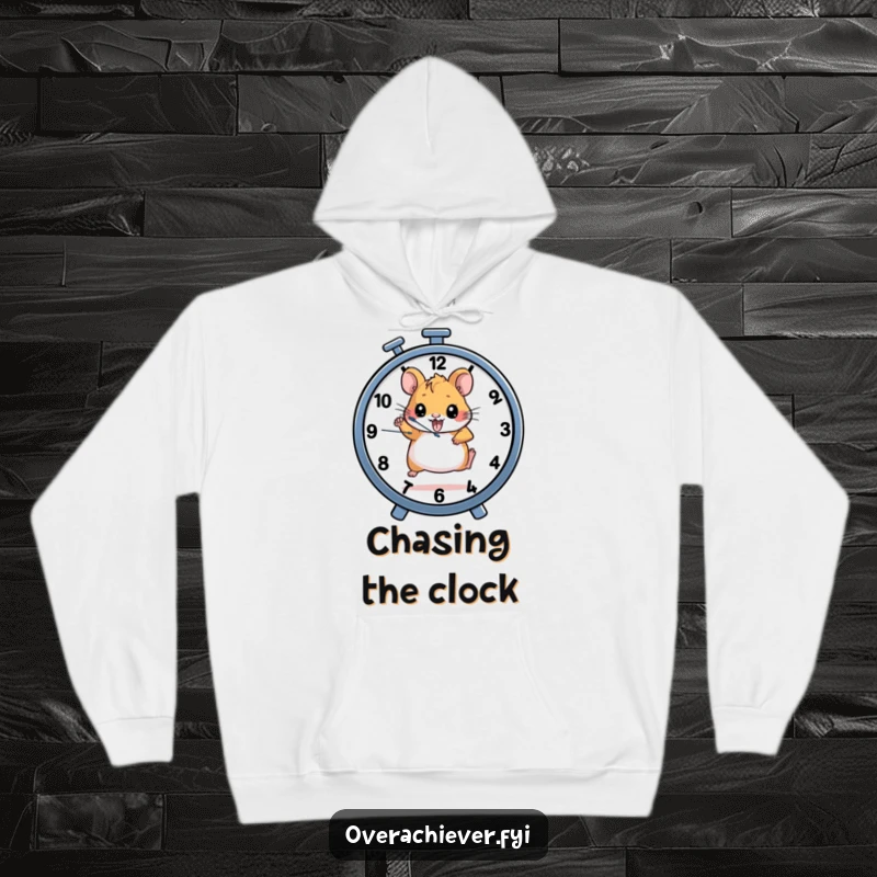 Funny hoodie with a determined hamster character running on a wheel that also functions as a clock, cozy and motivational.