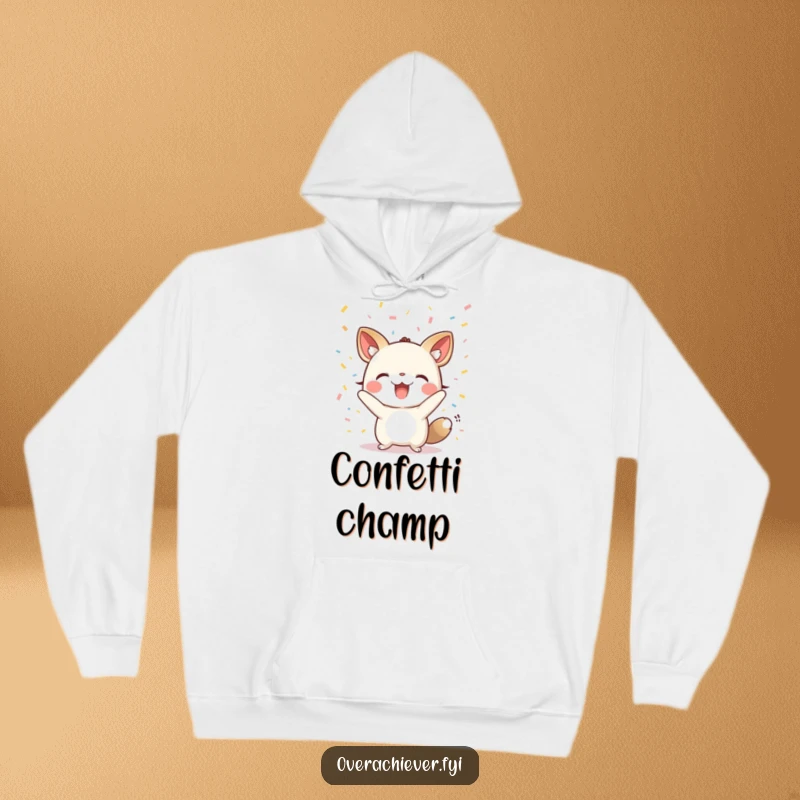 Funny hoodie with a small animal character cheering excitedly with confetti raining down, a warm and festive apparel item.