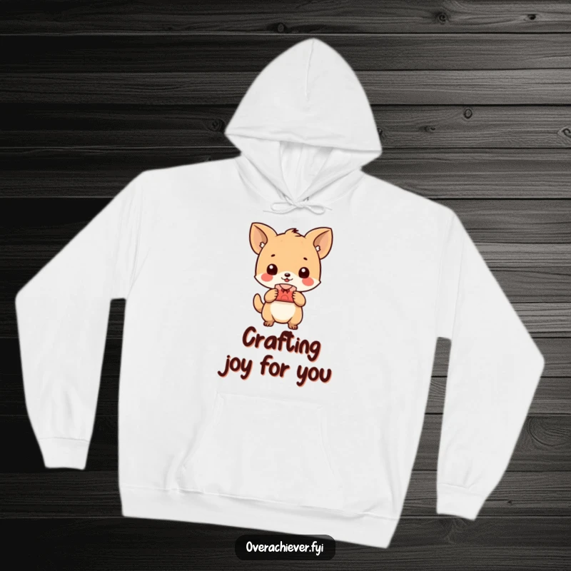 Funny animal hoodie, happily presenting a perfectly made tiny object, offering warmth and celebrating creative accomplishment humorously. A perfect cozy gift.