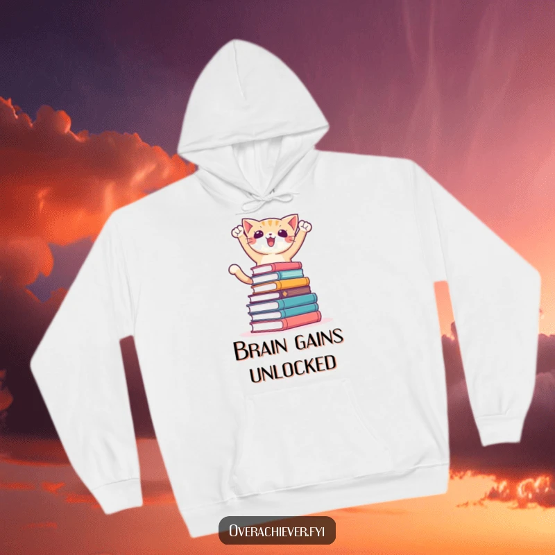 Funny hoodie depicting an ambitious cat character standing victoriously on a towering stack of books, exuding academic triumph.