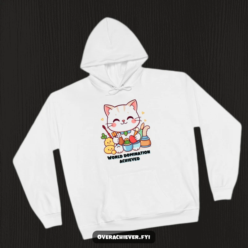 Funny Hoodie: A cute cat with a proud smirk presents a perfectly arranged collection, offering cozy humor and style.