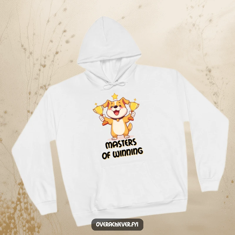 Funny dog juggling trophy hoodie featuring a happy dog gleefully tossing multiple shiny trophies, symbolizing victory and skill.