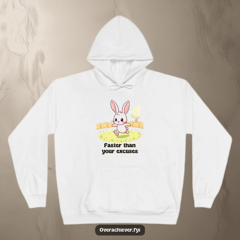 Funny rabbit hoodie featuring a determined character completing an extreme number of laps in a field, cozy and inspiring.