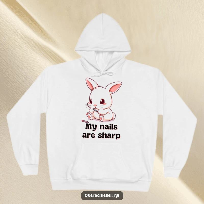 Funny tiny rabbit filing its toenails with a miniature file on a hoodie, offering warmth and quirky humor.