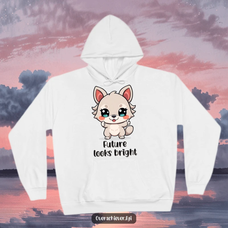 Funny Hoodie with a determined animal character, sporting a confident smile and pointing towards a bright, hopeful future illustration.