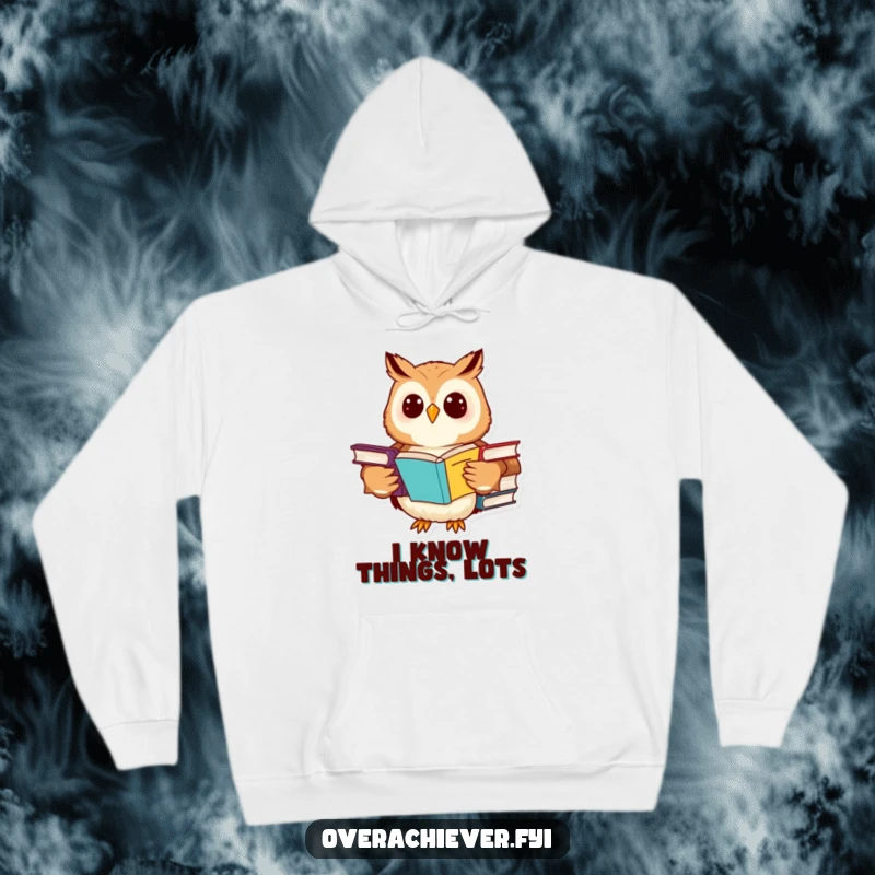 Funny owl hoodie featuring a cheerful character studying numerous advanced textbooks at once, cozy and smart.
