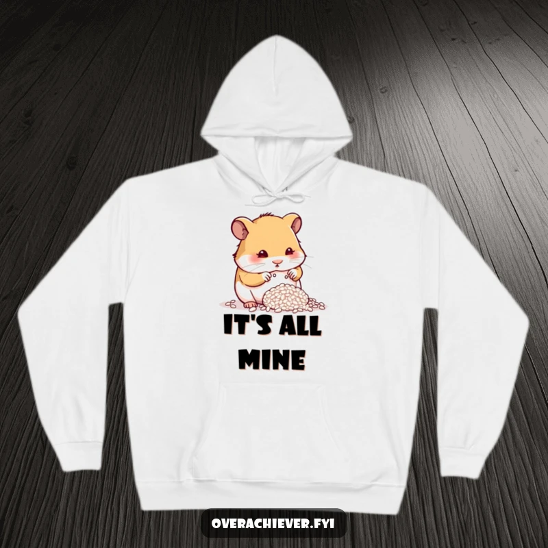 Funny determined hamster counting a single grain of rice on a hoodie, radiating focus and warmth.