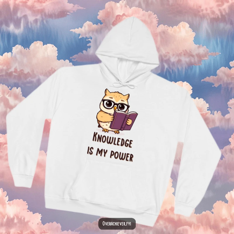 Funny hoodie print: A cute owl character in spectacles reads a large, important book, embodying studious charm and intellectual comfort.