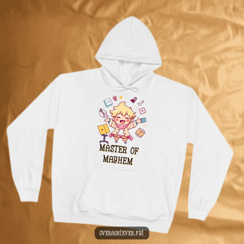Funny hoodie depicting a character joyfully juggling an extreme number of tasks, showcasing their impressive multitasking abilities.