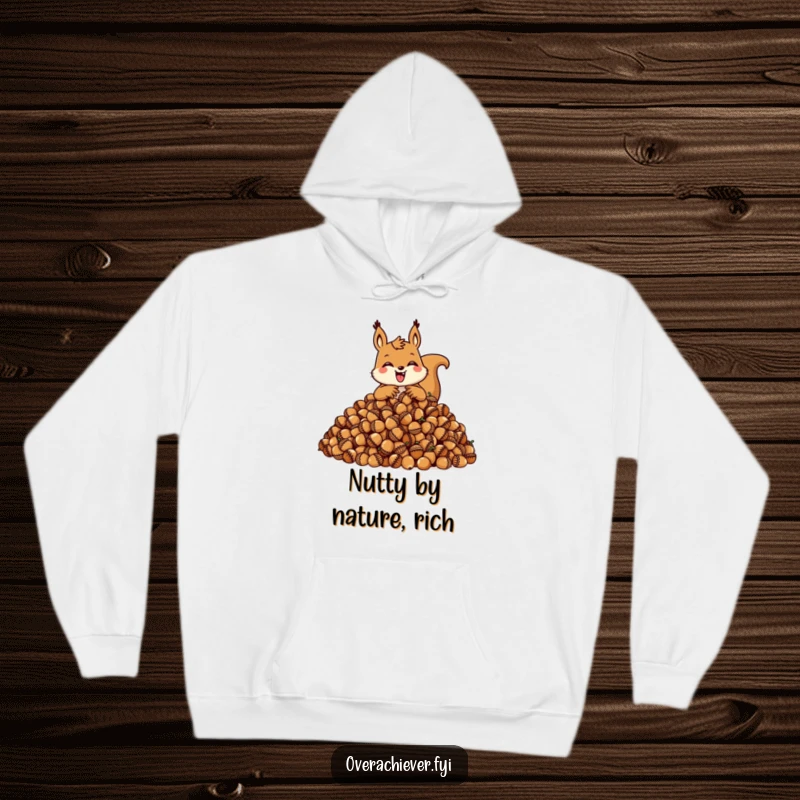 Funny squirrel hoodie featuring a happy character joyfully hoarding a massive mound of acorns, ideal winter wear.