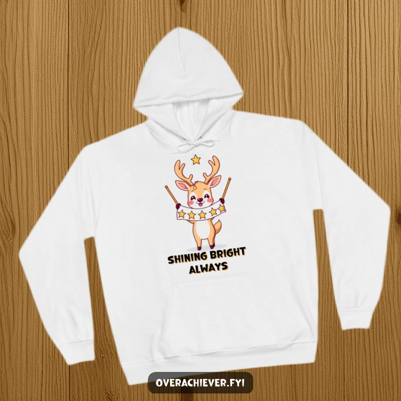 Funny hoodie print: A deer character triumphantly holds a banner decorated with many stars, symbolizing success and joyful celebration.