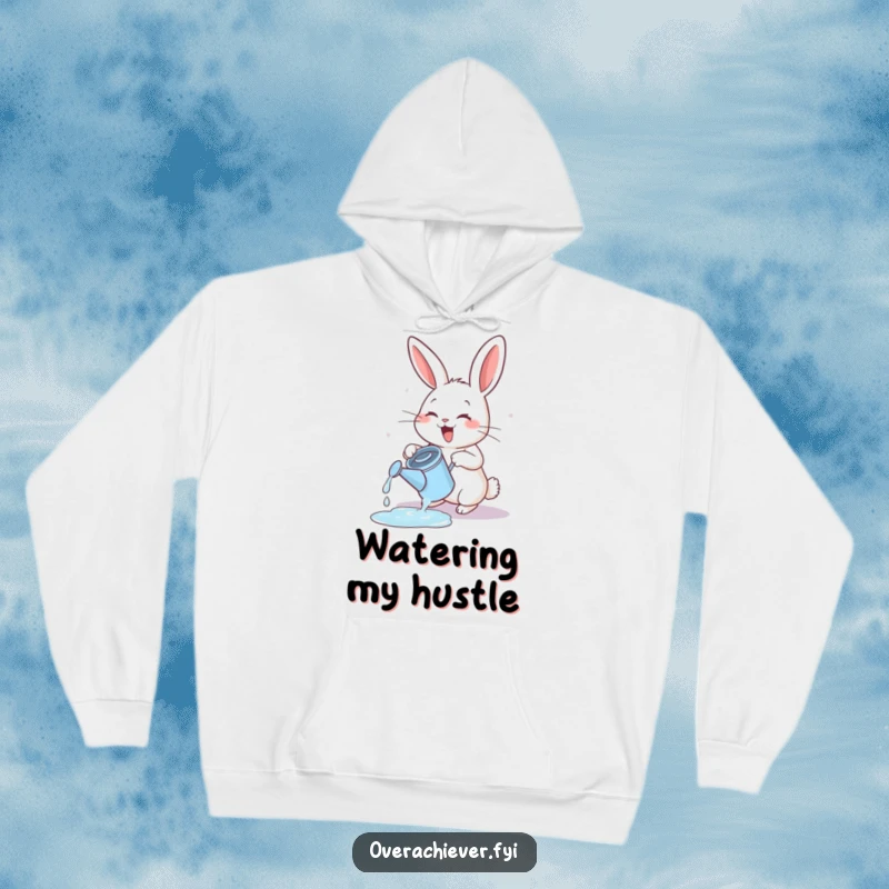Funny energetic rabbit hoodie, overflowing a tiny watering can with exuberant garden joy.