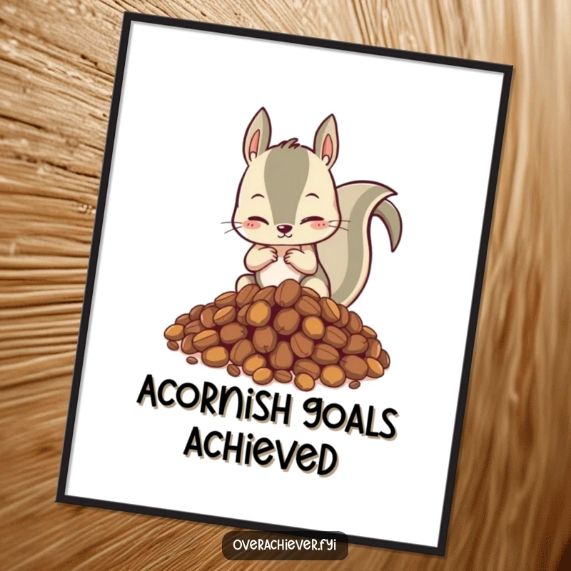 Funny Free Printable Wall Art: Hyperactive squirrel meticulously sorting a vast mountain of nuts, a comical scene of order.