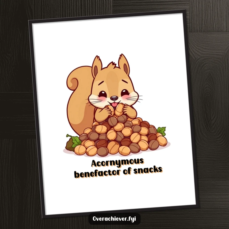 Funny Free Printable Wall Art: Cute squirrel humorously stuffing impossibly large amount of nuts, art print.