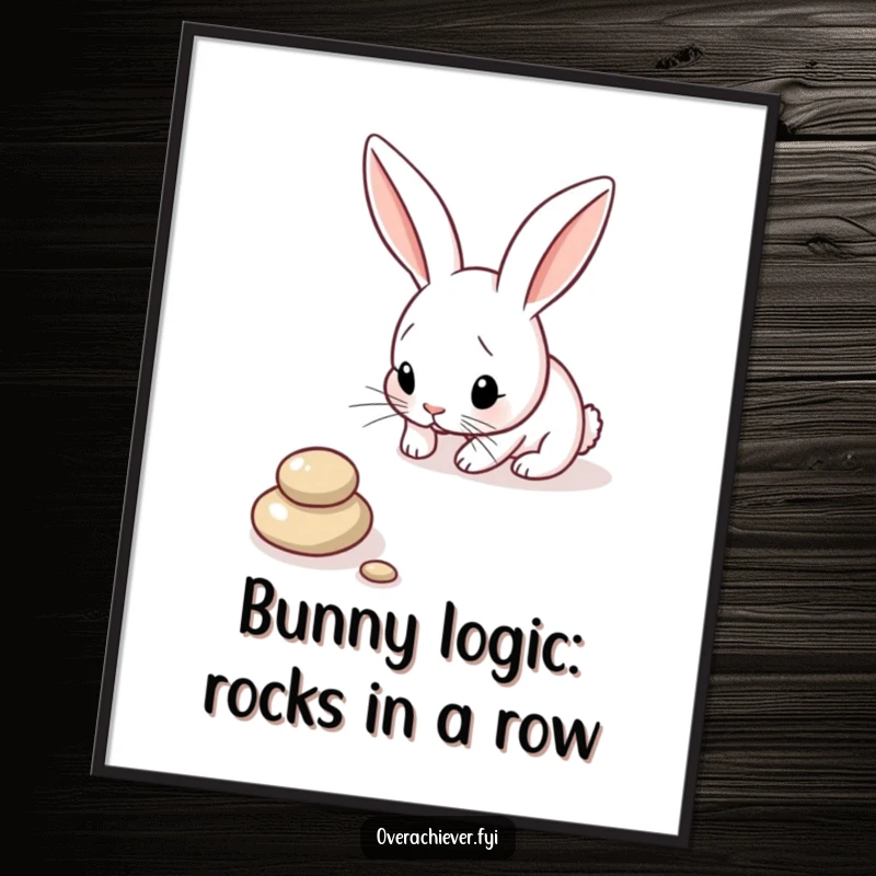 Funny Free Printable Wall Art: A focused bunny carefully arranging pebbles in a perfect line, creating a minimalist, humorous masterpiece.