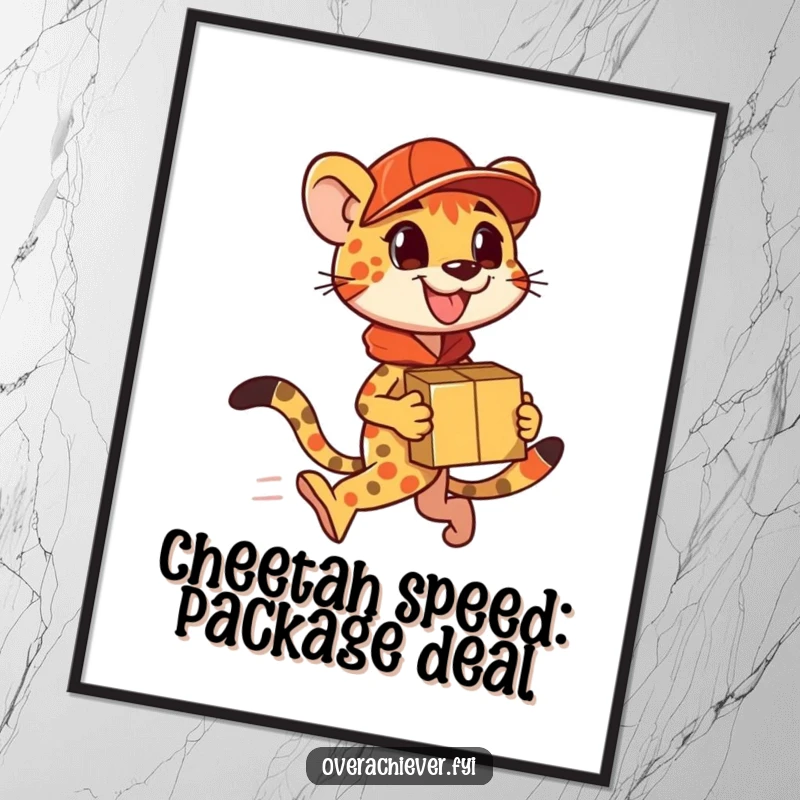 Funny Free Printable Wall Art depicting a cheetah in full sprint, delivering an extraordinary volume of packages.