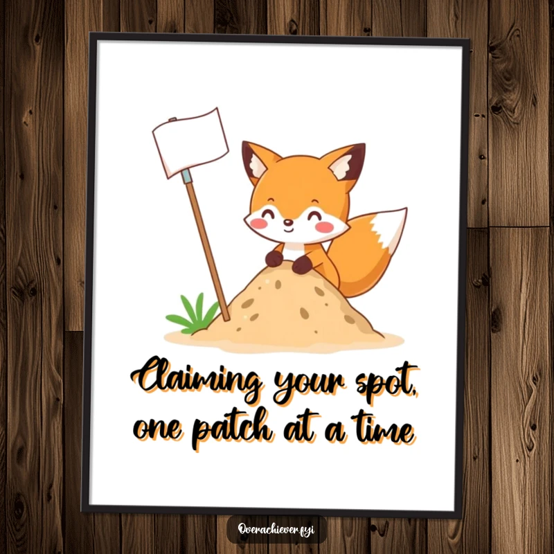 Funny Free Printable Fox planting a giant flag on a small dirt pile, symbolizing ambitious humor in downloadable wall art.