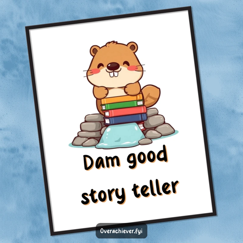 Funny Free Printable Wall Art: Cheerful beaver constructing a dam from meticulously stacked books, a charmingly intellectual scene.