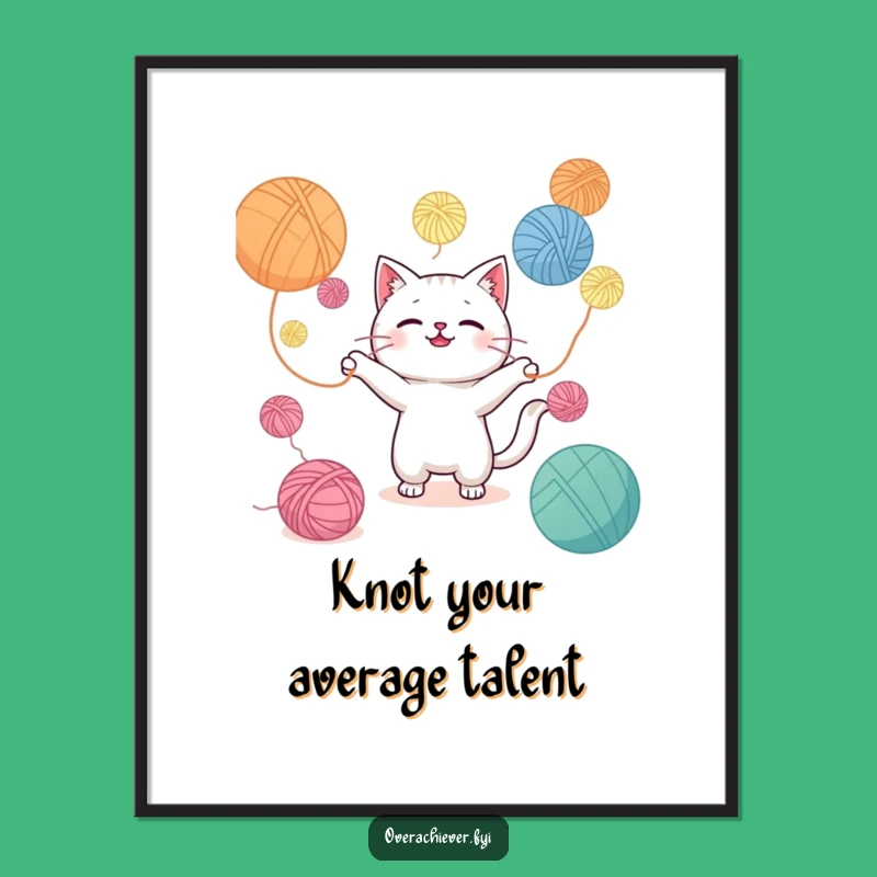 Free Printable Kawaii Cat Art: Juggling Yarn Whimsy for Funny Downloadable Decor