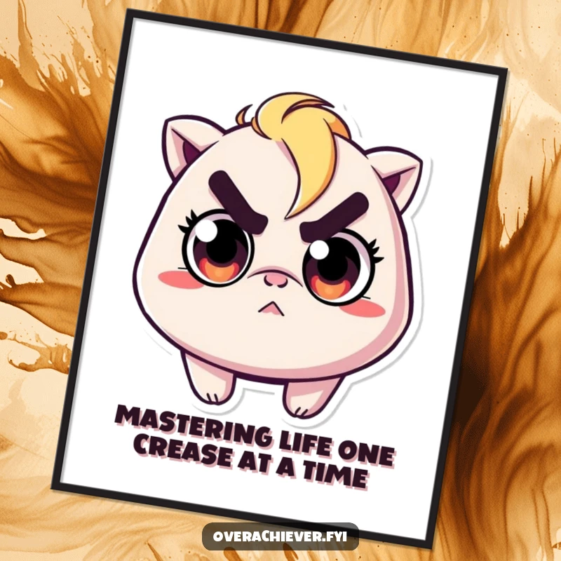 Funny Free Printable Wall Art depicting a character with a resolute expression, meticulously ironing a very small wrinkle on a piece of fabric.