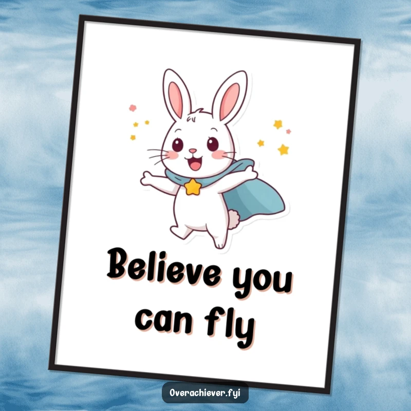 Funny Free Printable Wall Art: Happy rabbit wearing cape humorously attempting to fly with willpower, art print.