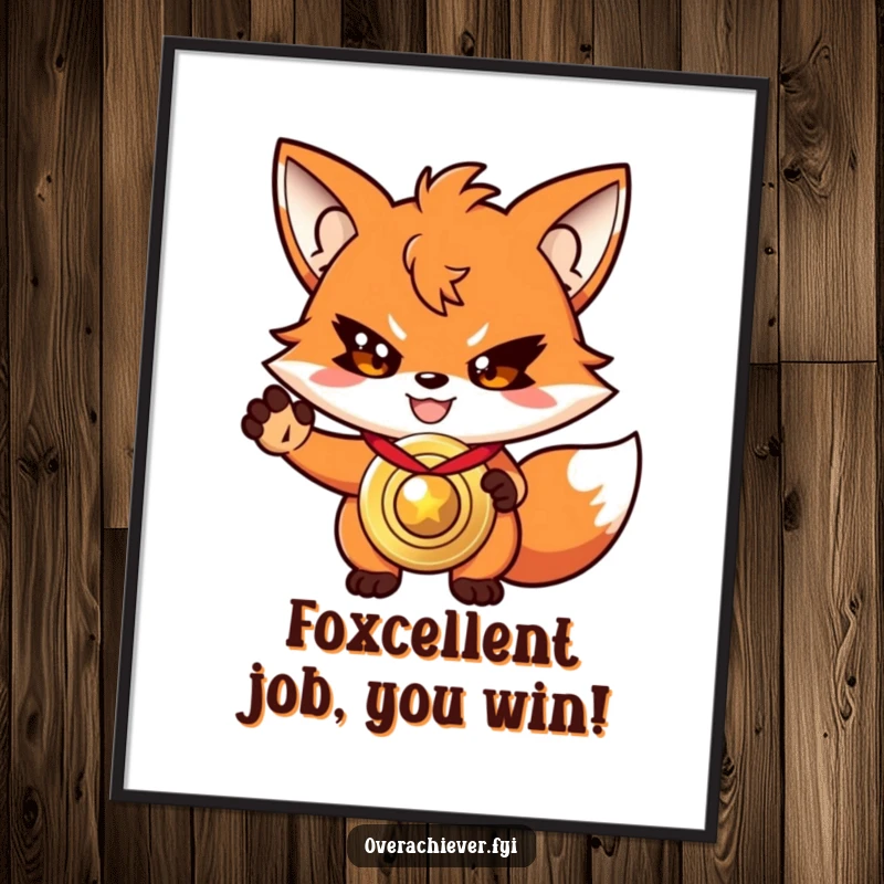 Funny Free Printable Wall Art: Driven fox character with a determined grin, holding up a shiny, oversized medal.
