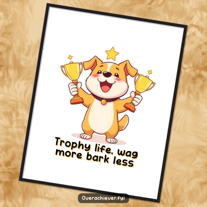 Funny Free Printable Dog Juggler Wall Art: A dog joyfully juggles three gleaming trophies, showcasing impressive talent and happiness.