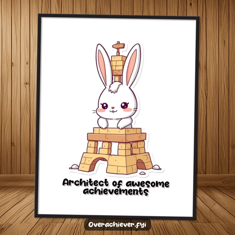 Funny Free Printable Wall Art of a determined rabbit heroically building an impressive structure, full of personality.