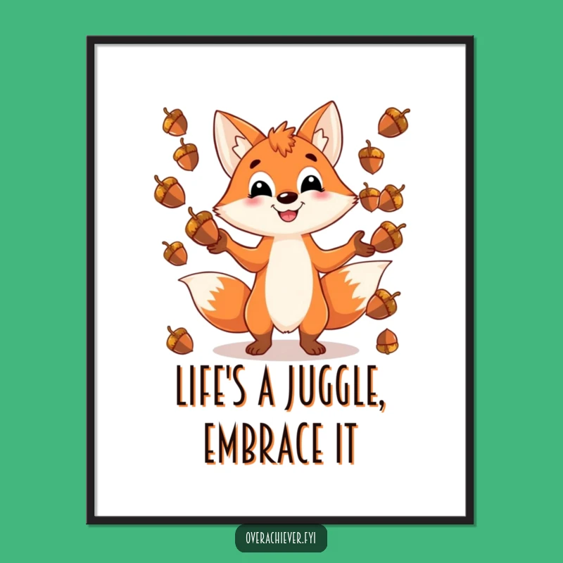 Funny Free Printable Wall Art: Fox's Acorn Frenzy, Quirky Downloadable Decor